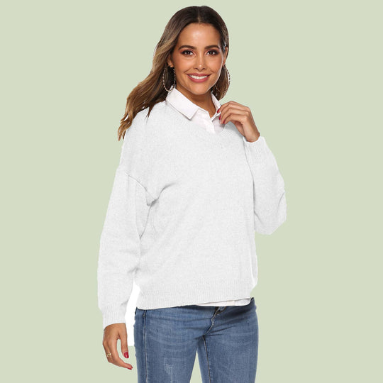 EB | Strickpullover V-Ausschnitt Lockere Passform Lange Ärmel Weich und Bequem
