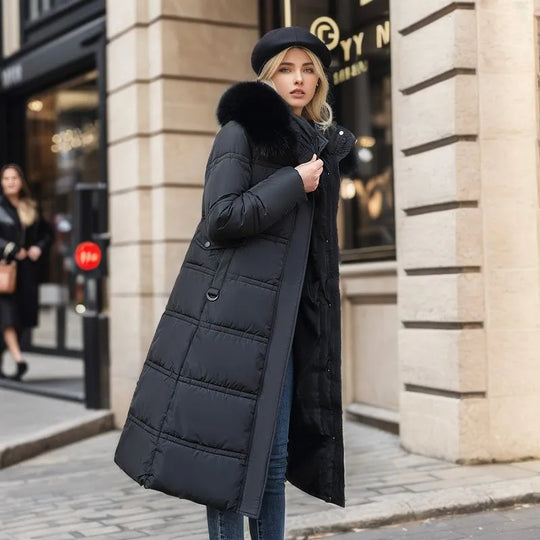 EB | Damen lange Winterjacke mit Pelzmütze und Gürtel