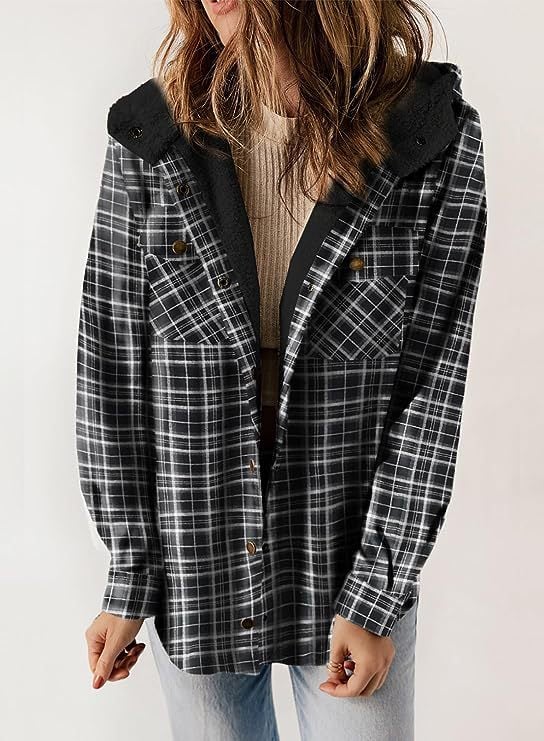 EB | Plaid Jacke Langarm Schnalle Wolle mit Kapuze