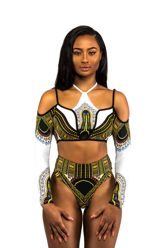 Damen Crop-Top Bikini mit langen Ärmeln und innovativem Muster EB