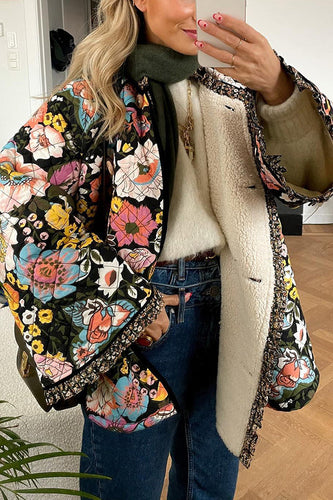 EB | Blumenmuster Knopfverschluss Stepp-Sherpa-Jacke