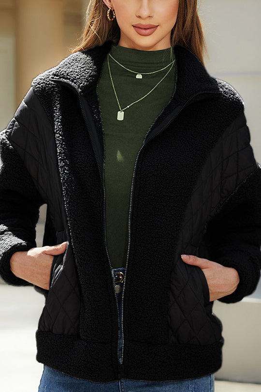 EB | Langarm-Cardigan mit Reißverschluss aus Plüsch-Patchwork Damenjacke