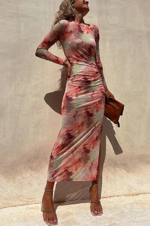 EB | Charm Lady Mesh Overlay Tie Dye Print Langarm Rüsch Stretch Midi Kleid