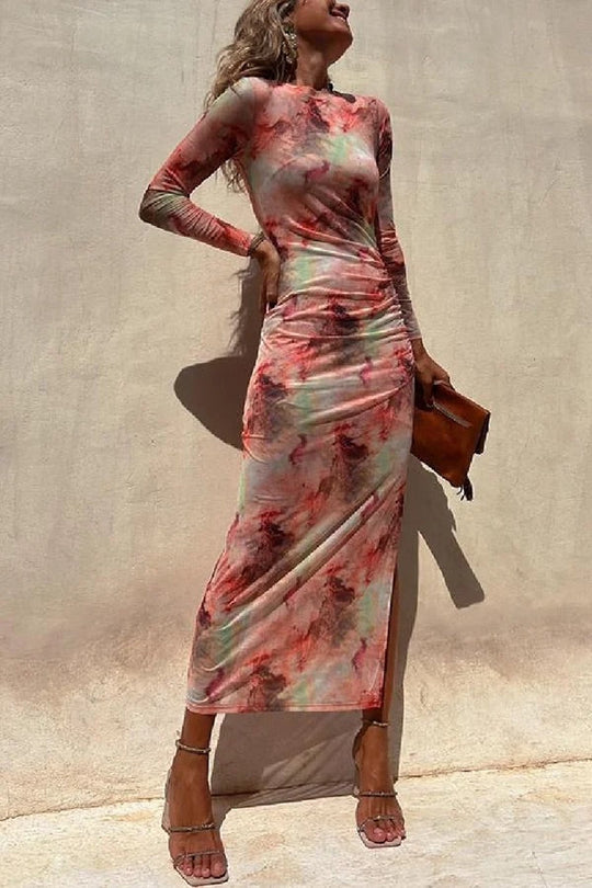 EB | Charm Lady Mesh Overlay Tie Dye Print Langarm Rüsch Stretch Midi Kleid