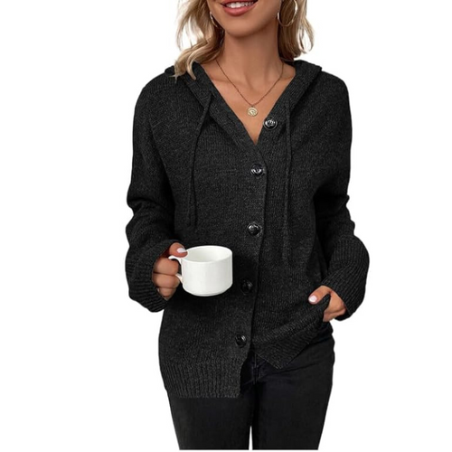 EB | Damen Cardigan Weicher Strick Oversized-Passform Knopfverschluss Kapuze Gerippter Saum