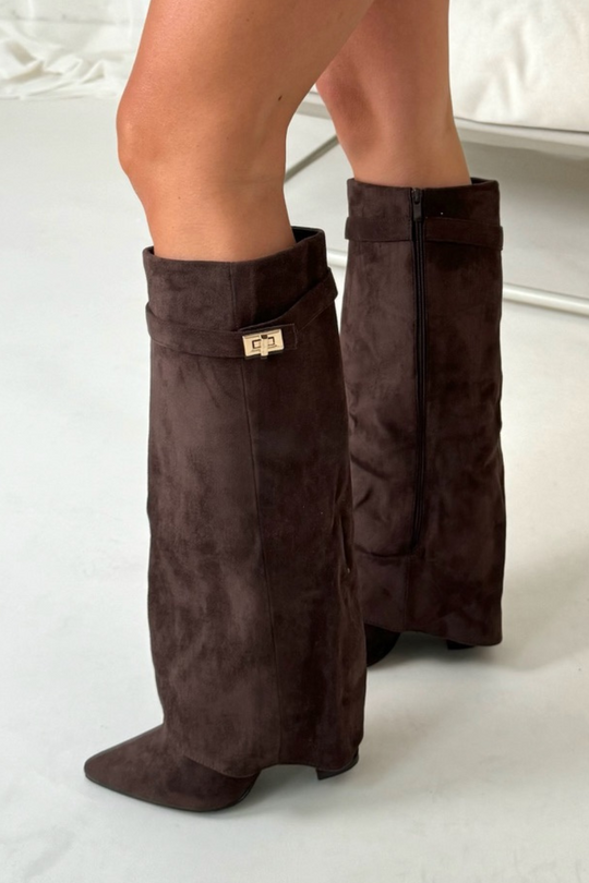 EB | Wildleder Klappkniehohe Stiefel Schnallen Detail Blockabsatzstiefel