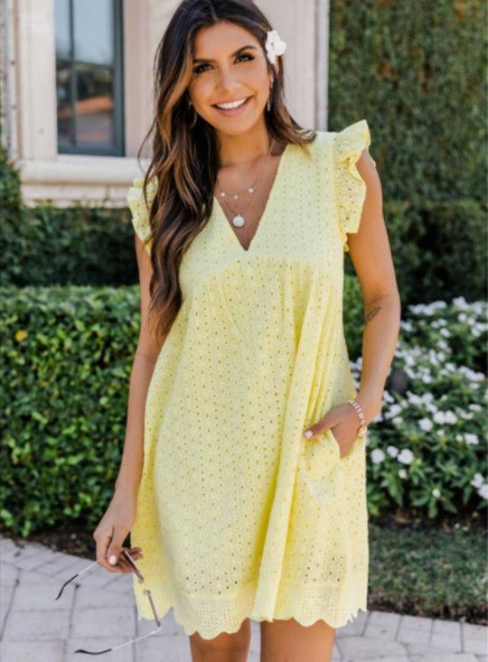 EB | Jacquard-Kleid mit hohlem V-Ausschnitt aus Spitze
