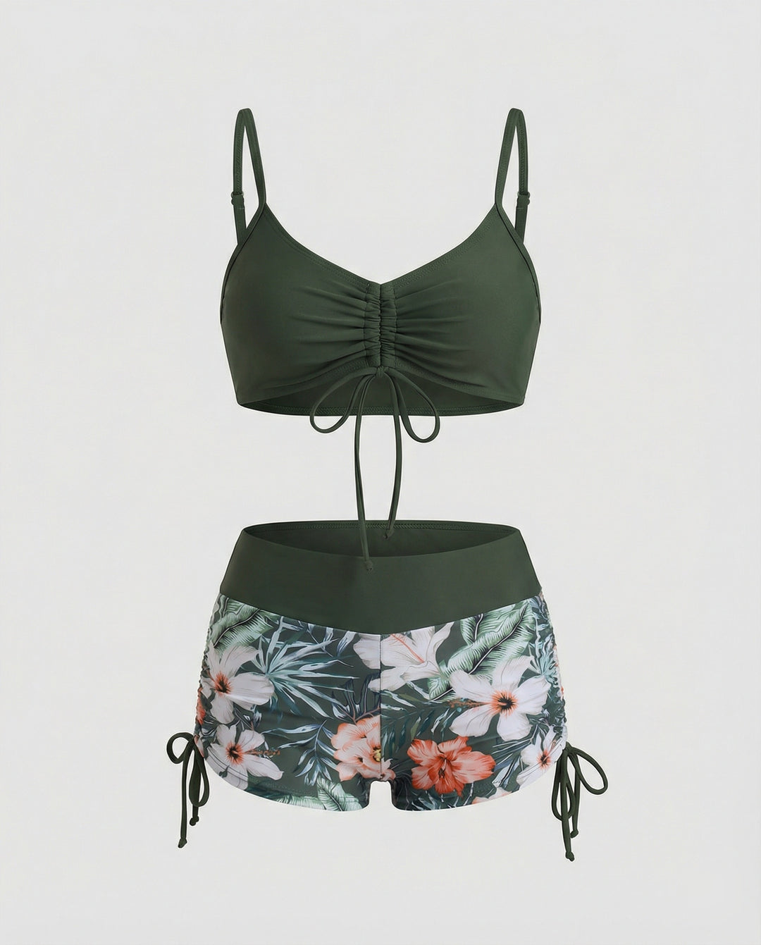 EB | 2 Teiliges Bikini mit Grünem Blumenmuster und Hoher Taille