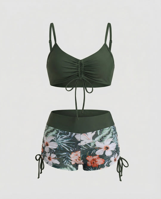 EB | 2 Teiliges Bikini mit Grünem Blumenmuster und Hoher Taille