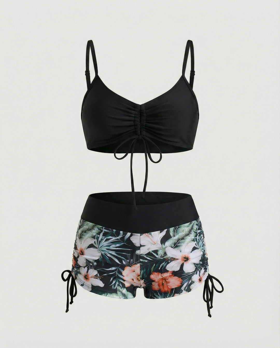 EB | 2 Teiliges Bikini mit Grünem Blumenmuster und Hoher Taille