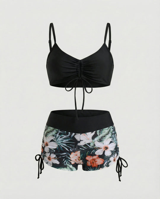 EB | 2 Teiliges Bikini mit Grünem Blumenmuster und Hoher Taille