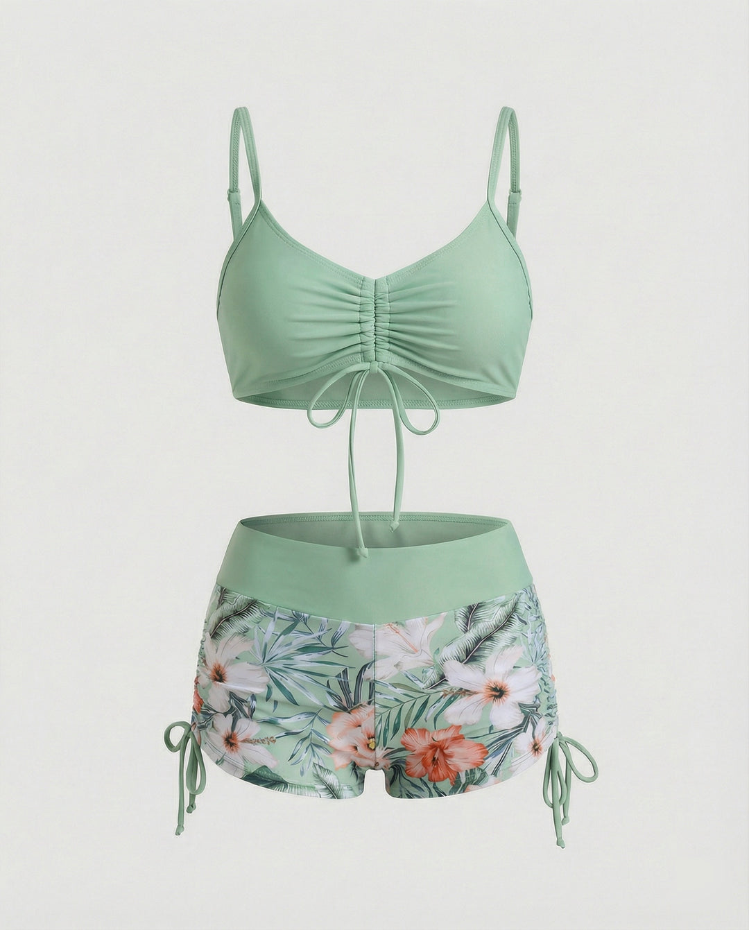 EB | 2 Teiliges Bikini mit Grünem Blumenmuster und Hoher Taille