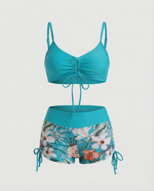 EB | 2 Teiliges Bikini mit Grünem Blumenmuster und Hoher Taille
