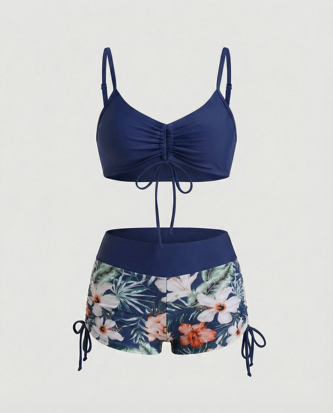 EB | 2 Teiliges Bikini mit Grünem Blumenmuster und Hoher Taille