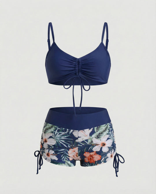 EB | 2 Teiliges Bikini mit Grünem Blumenmuster und Hoher Taille