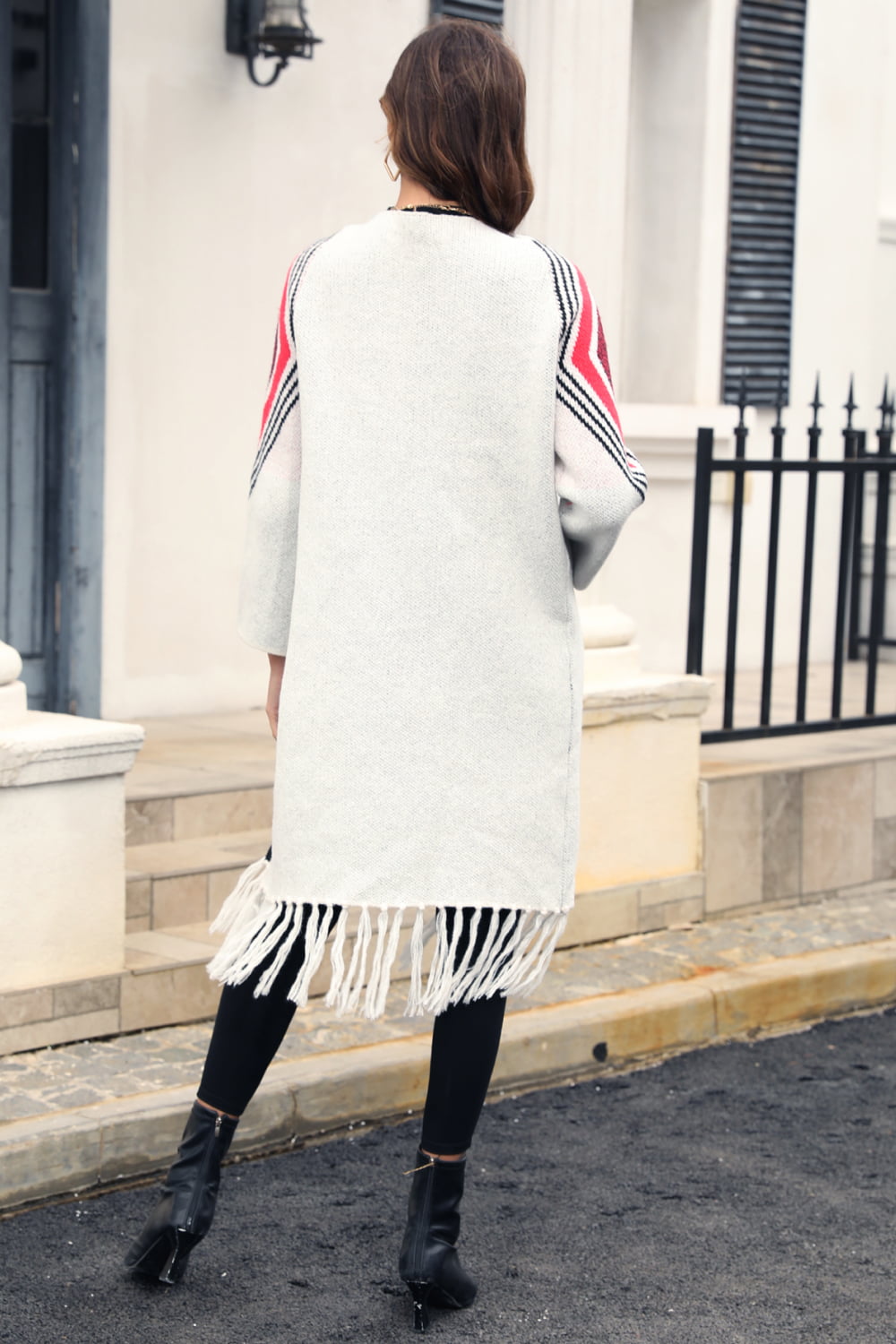 EB | Geometric Fringe Hem Offene Front Duster Cardigan