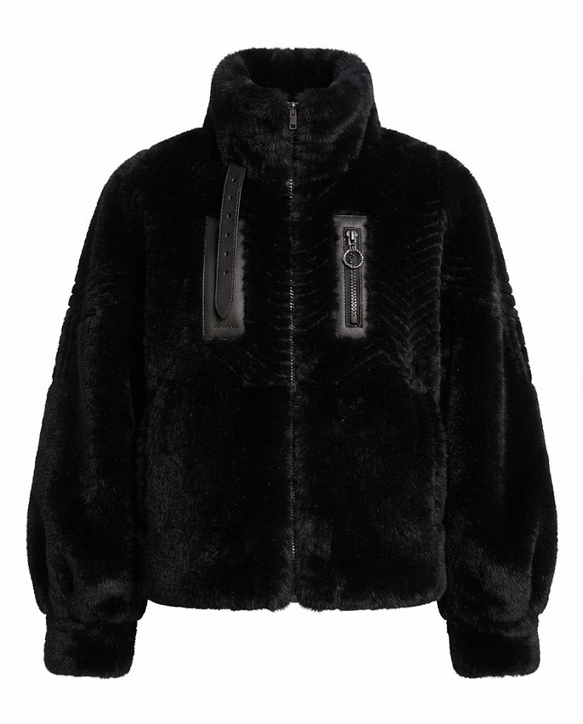 Damen nan kuschelige Kunstpelzjacke mit Stehkragen, Reißverschlusstasche und femininer Ballonärmel-Silhouette EB