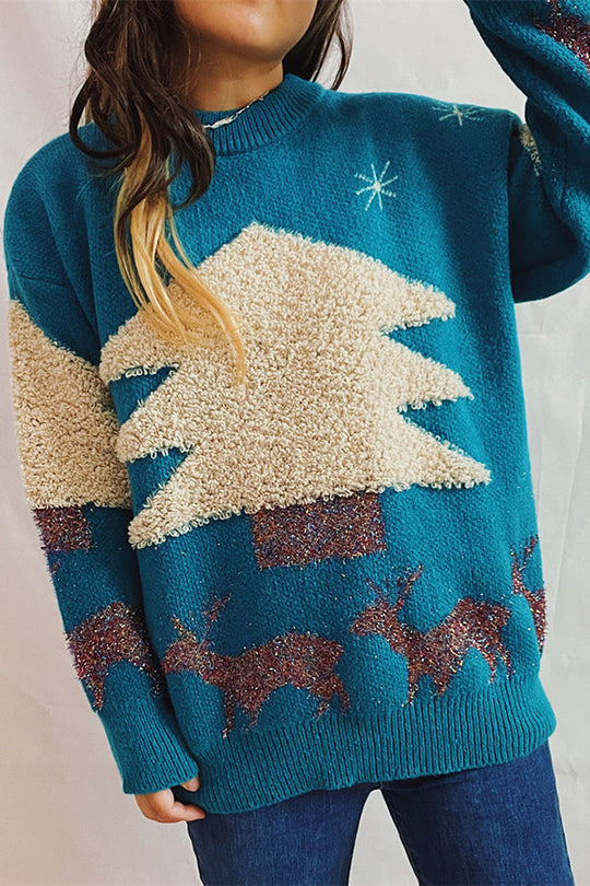 EB | Weihnachtsmuster Gestrickter Rundhalsausschnitt Langarmpullover