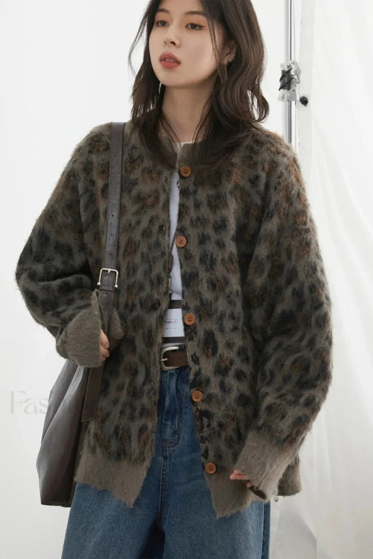 EB | Gemütlicher Leopardenmuster Einreiher Cardigan