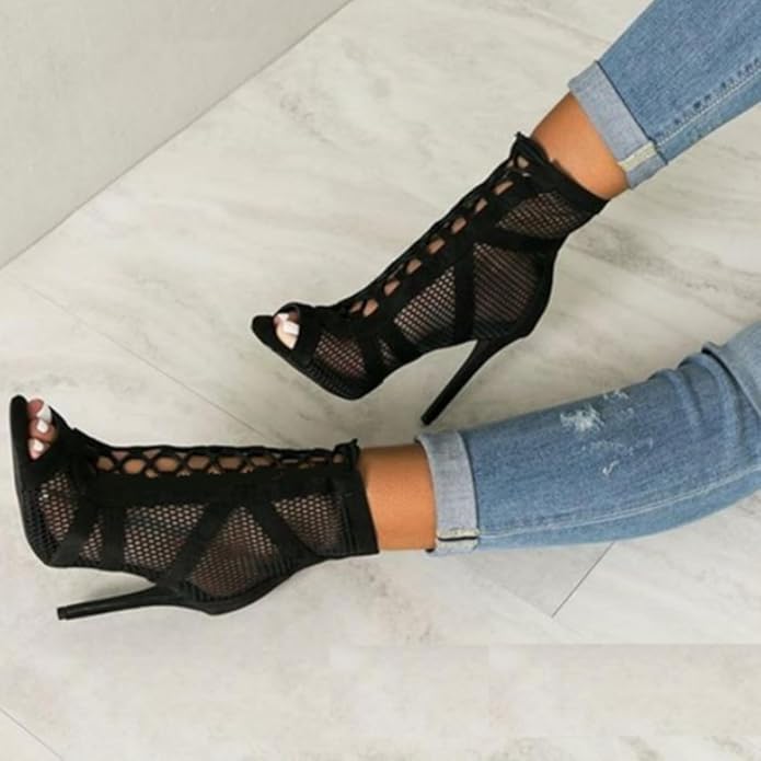 EB | Damen Sandaletten mit Hohen Absätzen - Verführerische Spitze und Mesh für Den Perfekten Party-Look