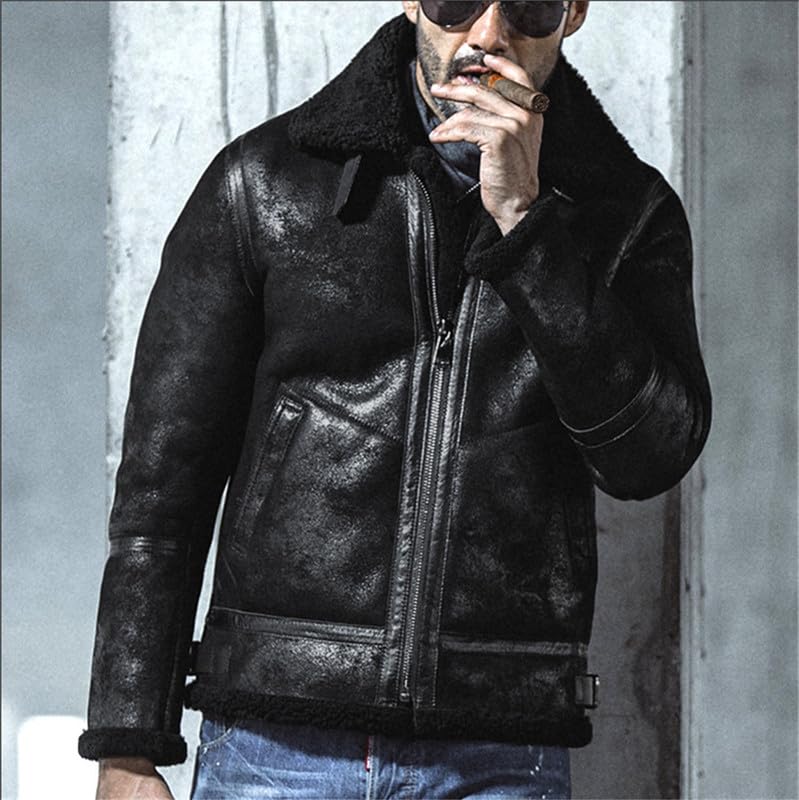 Herren Lammfell-Bikerjacke mit luxuriösem Teddyfutter und praktischen Details EB