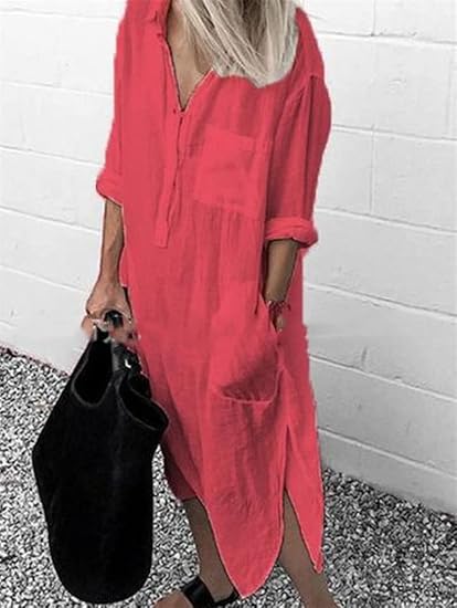 EB | Lockeres Langes Kleid mit Langen Ärmeln und Seitentaschen Kleid
