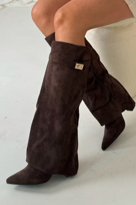 EB | Wildleder Klappkniehohe Stiefel Schnallen Detail Blockabsatzstiefel