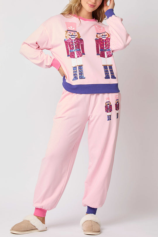 EB | Weihnachtsmann Pailletten Freizeit Sweatshirt und elastische Taillen lockere Taschenhose Set