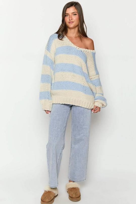 EB | Off-Shoulder gestreifter Strickpullover für den Herbst-Look