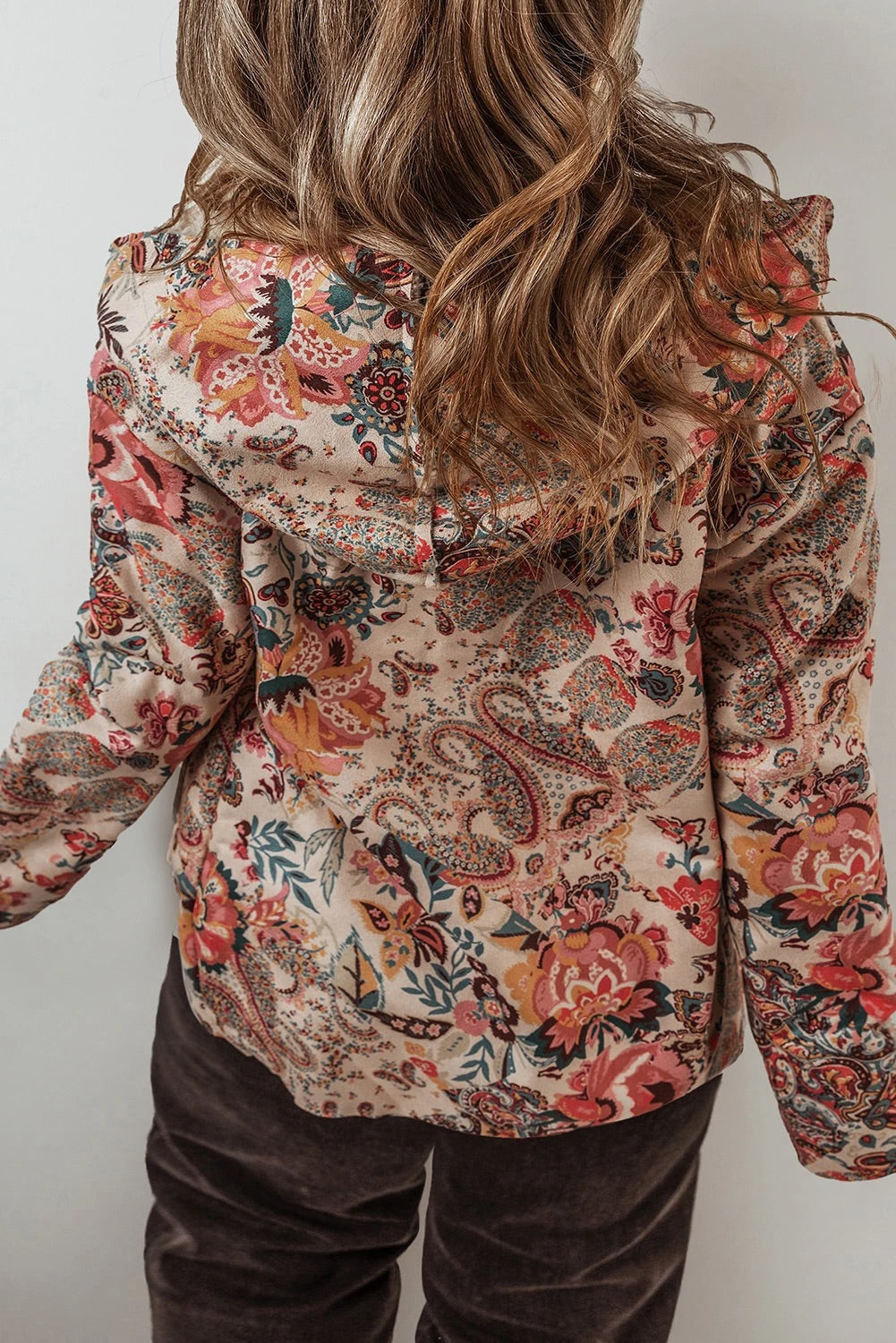 EB | Vintage Paisley Blumenbedruckte Sherpa Futter Kapuzenjacke