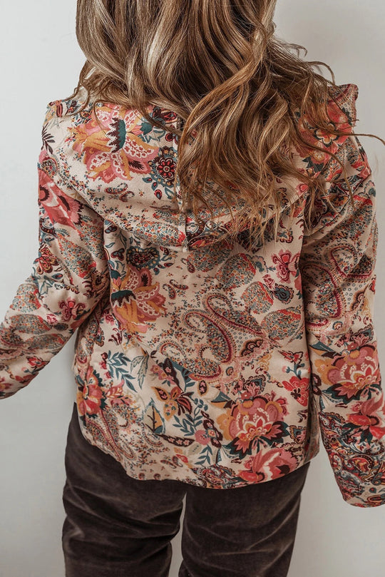 EB | Vintage Paisley Blumenbedruckte Sherpa Futter Kapuzenjacke