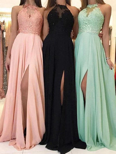 EB-Fashion Spitze, seitlich geteilt, Neckholder, Rundhalsausschnitt, ärmellos, Damen, Strandkleid, Spitzenkleid, Abendkleid, Maxikleider