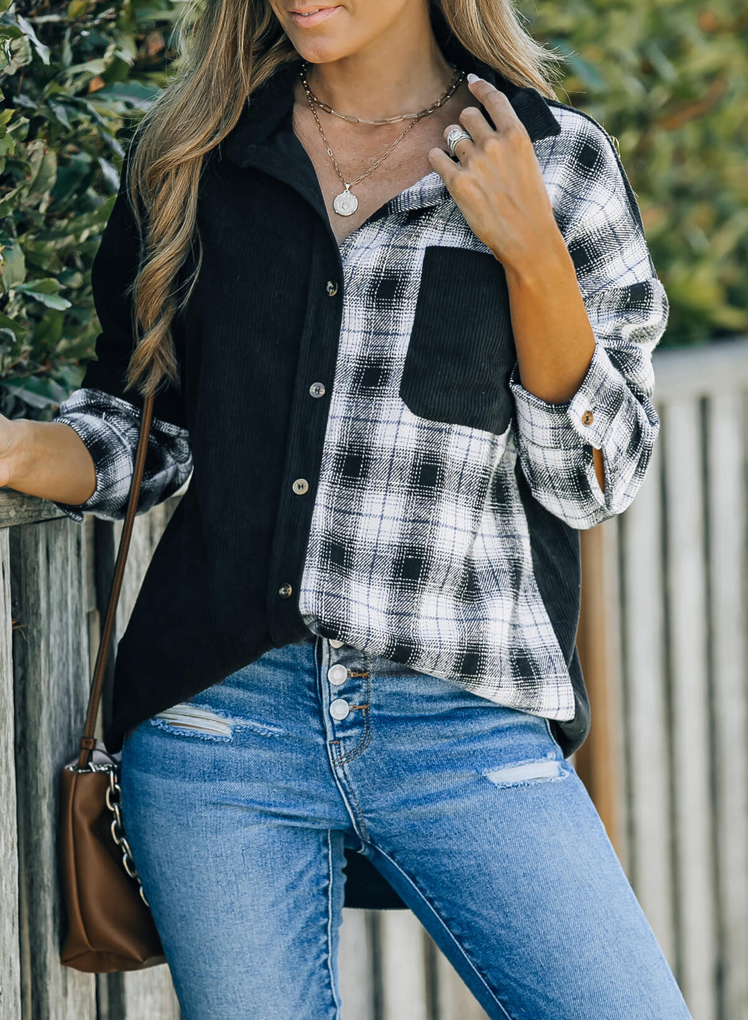 EB | Karierte Farbblock Gefallen Schulter Corduroy Shacket