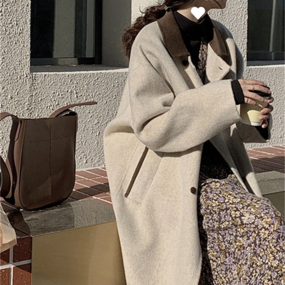 EB | Wollmischung Lange Jacke mit Braunem Kragen für Damen