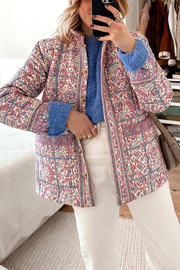 EB | Paisley-Flower-Print-Knopf-Taschen-Stepp-Leichtgewicht-Baumwolljacke