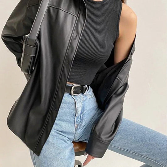 EB | Vintage Leder Bomberjacke mit Reverskragen und Knopfverschluss