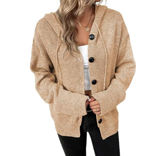 EB | Damen Cardigan Weicher Strick Oversized-Passform Knopfverschluss Kapuze Gerippter Saum