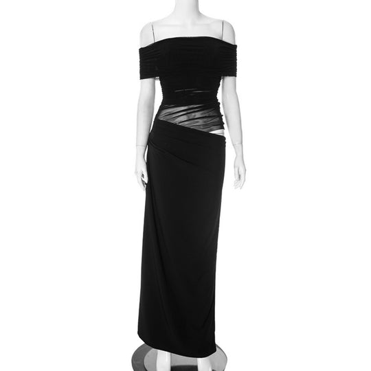 EB | Ein-Wort-Kragen-Plissee-Kleid aus Mesh mit diagonaler Spanne