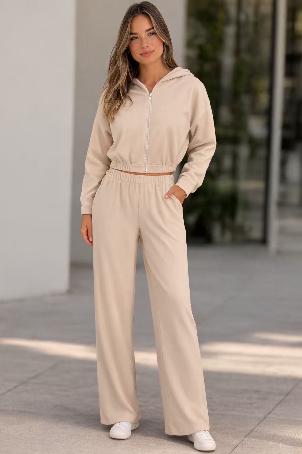 Damen sportliches Fleece-Jogginganzug mit modischem Schnitt und elastischem Bund EB