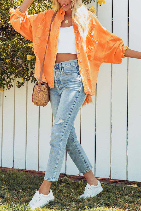 EB | Revers Langarm Ripped Denim Jacke