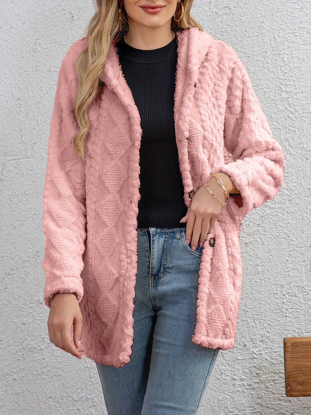 EB | Fluffy Kapuzenjacke mit Knöpfen Polyester Weich und Warm