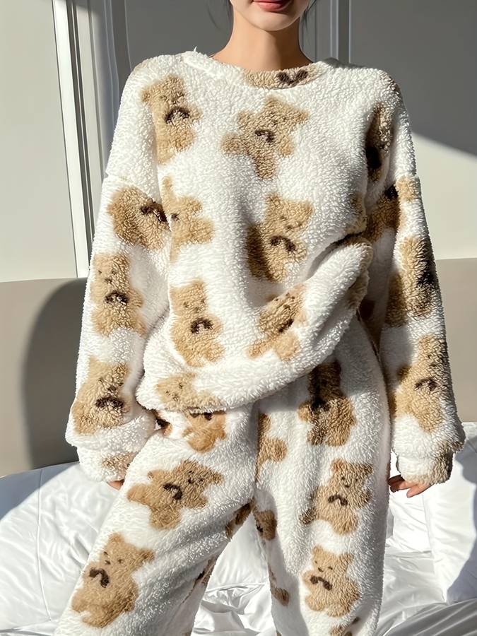 EB - Bequemes weißes Bärenmotiv Loungewear-Set für Damen