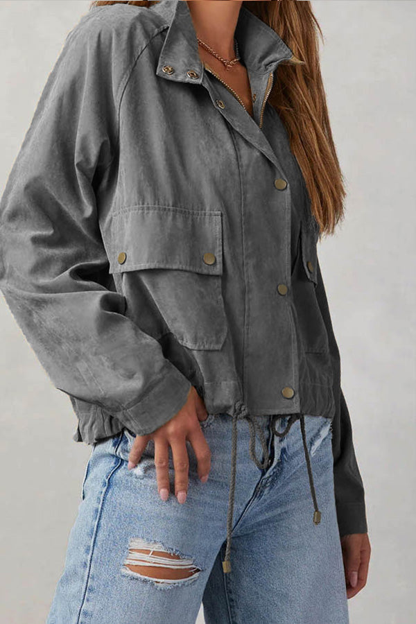 EB | kariert Revers Mehrknopf-Zwei-Taschen-Midi-Jacke