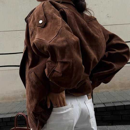 EB | Übergröße Bomberjacke im Wildleder-Look mit asymmetrischem Reißverschluss