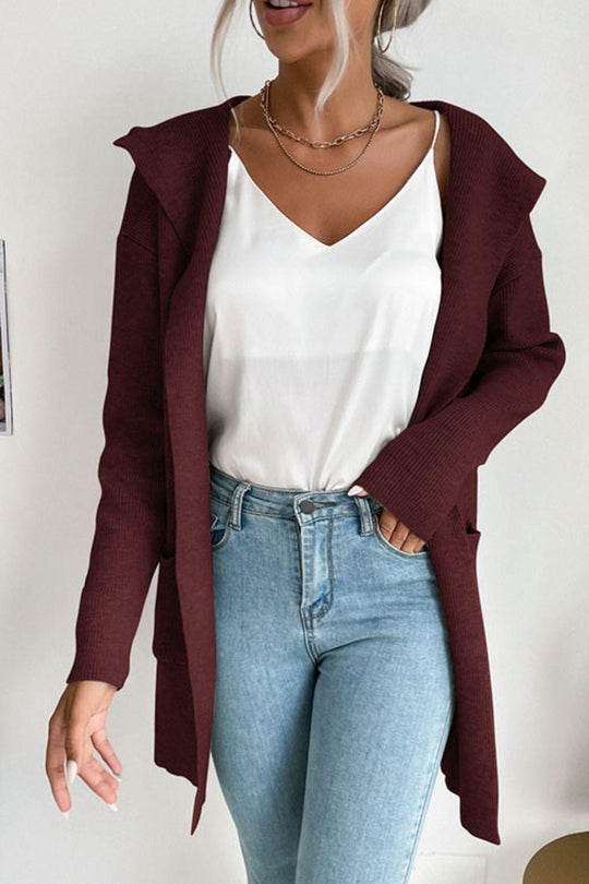 EB | geripptes offen-front Cardigan mit Kapuze und Taschen