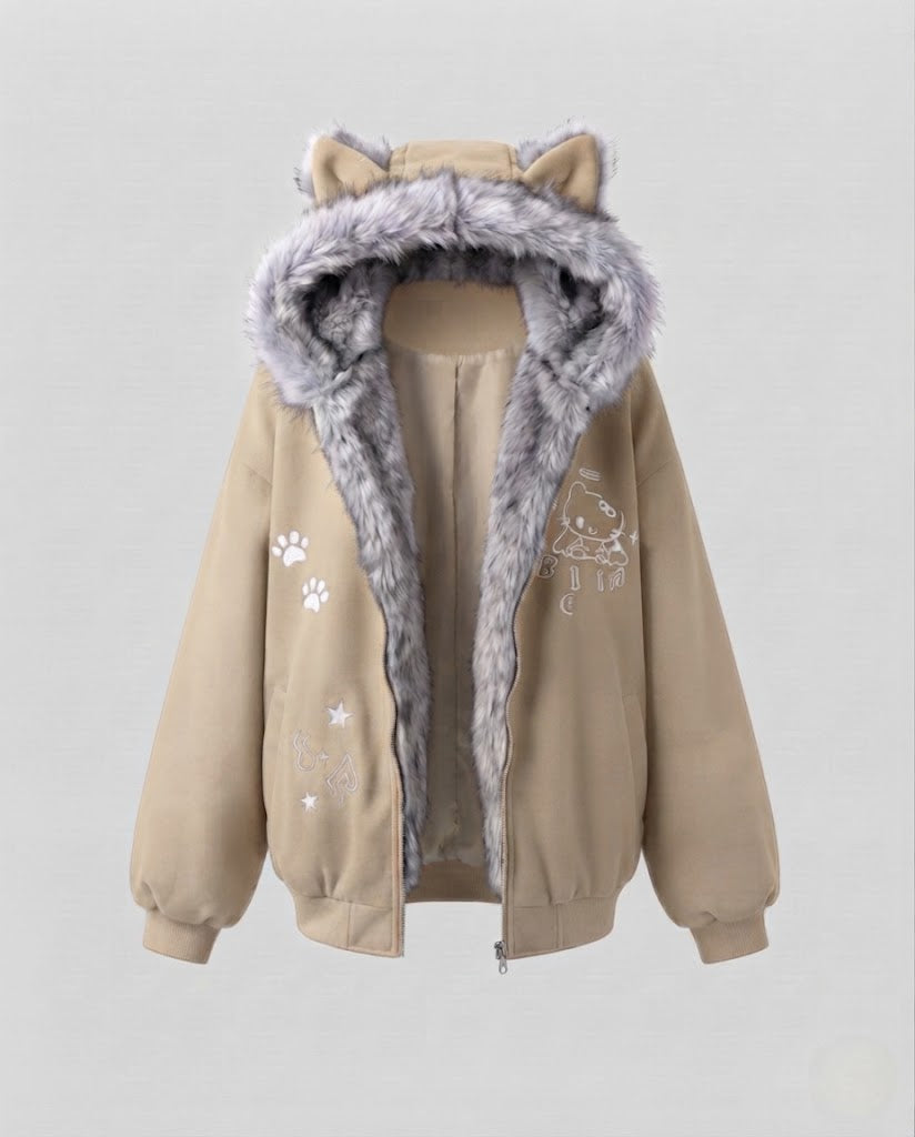 Damen nan oversized Kapuzenjacke mit Kunstpelzohren und Fleecefutter, durchgehendem Reißverschluss EB
