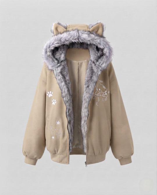 Damen nan oversized Kapuzenjacke mit Kunstpelzohren und Fleecefutter, durchgehendem Reißverschluss EB