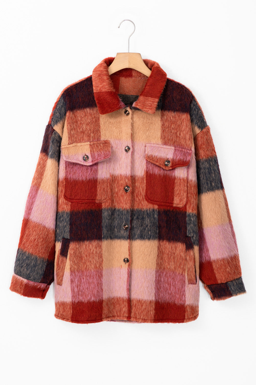 EB | Geräumige Karierte Orange Freizeitjacke mit Pattentaschen und Knöpfen