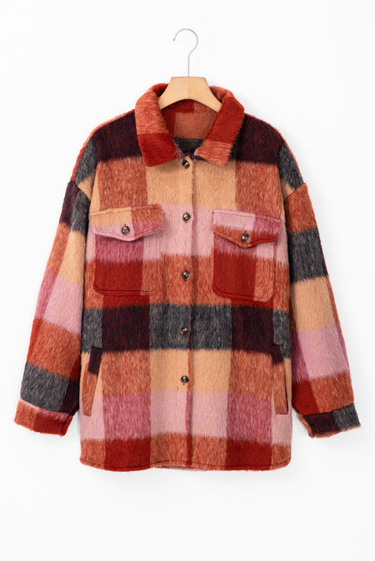 EB | Geräumige Karierte Orange Freizeitjacke mit Pattentaschen und Knöpfen