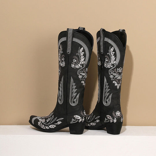 EB | Bestickte Western Denim Retro Damen Knielange Stiefel